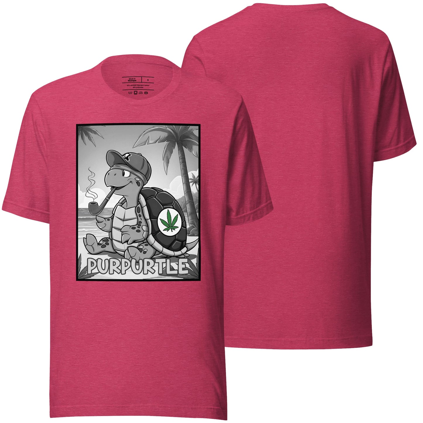 A heather raspberry t-shirt adorned with the "Purpurtle" design, blending a lively pinkish-red hue with quirky, fun artwork. Great for adding a cheerful pop of color to your wardrobe.