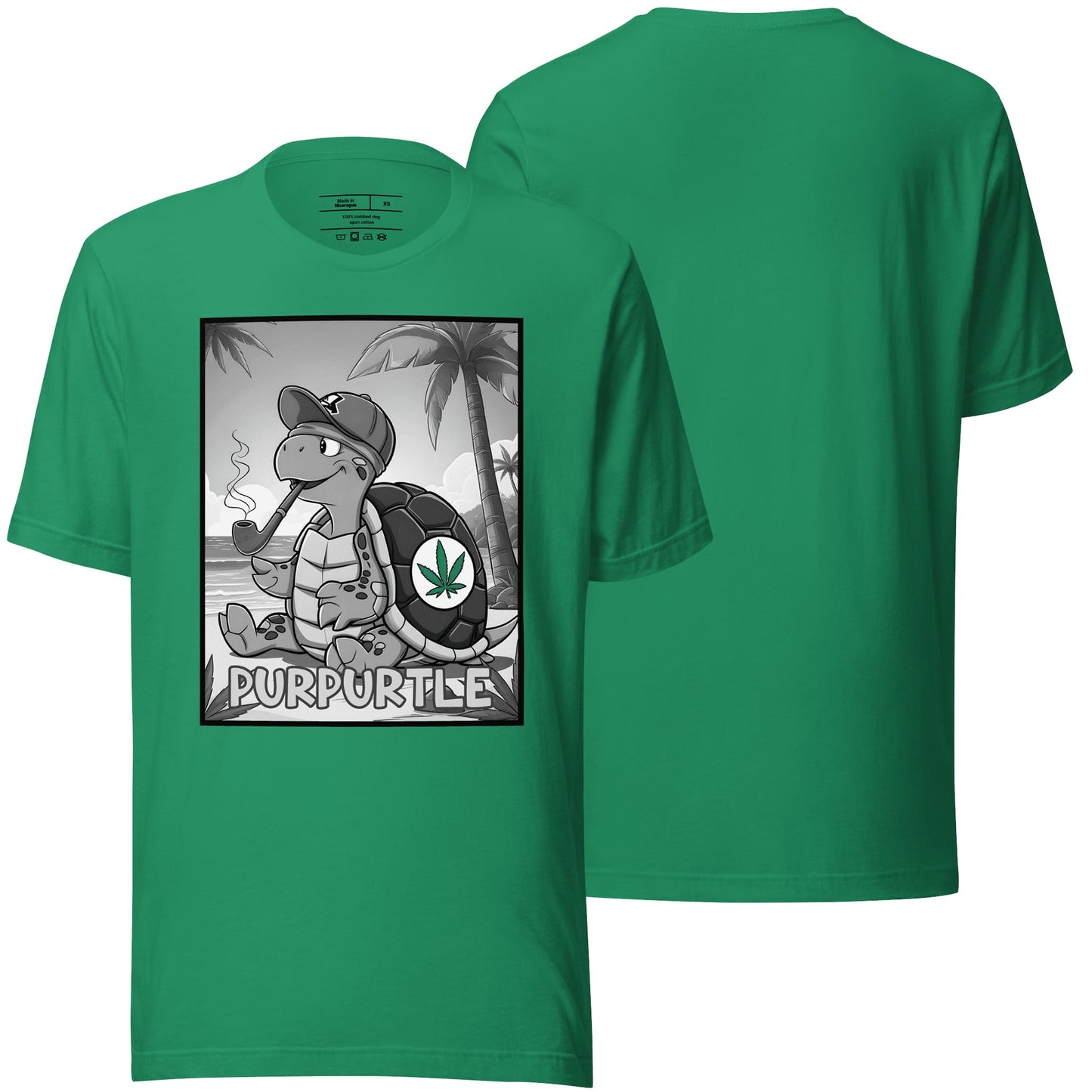 A bold kelly green t-shirt showcasing the "Purpurtle" design, combining energetic color with a whimsical purple turtle graphic. A fun and dynamic piece for casual styling.