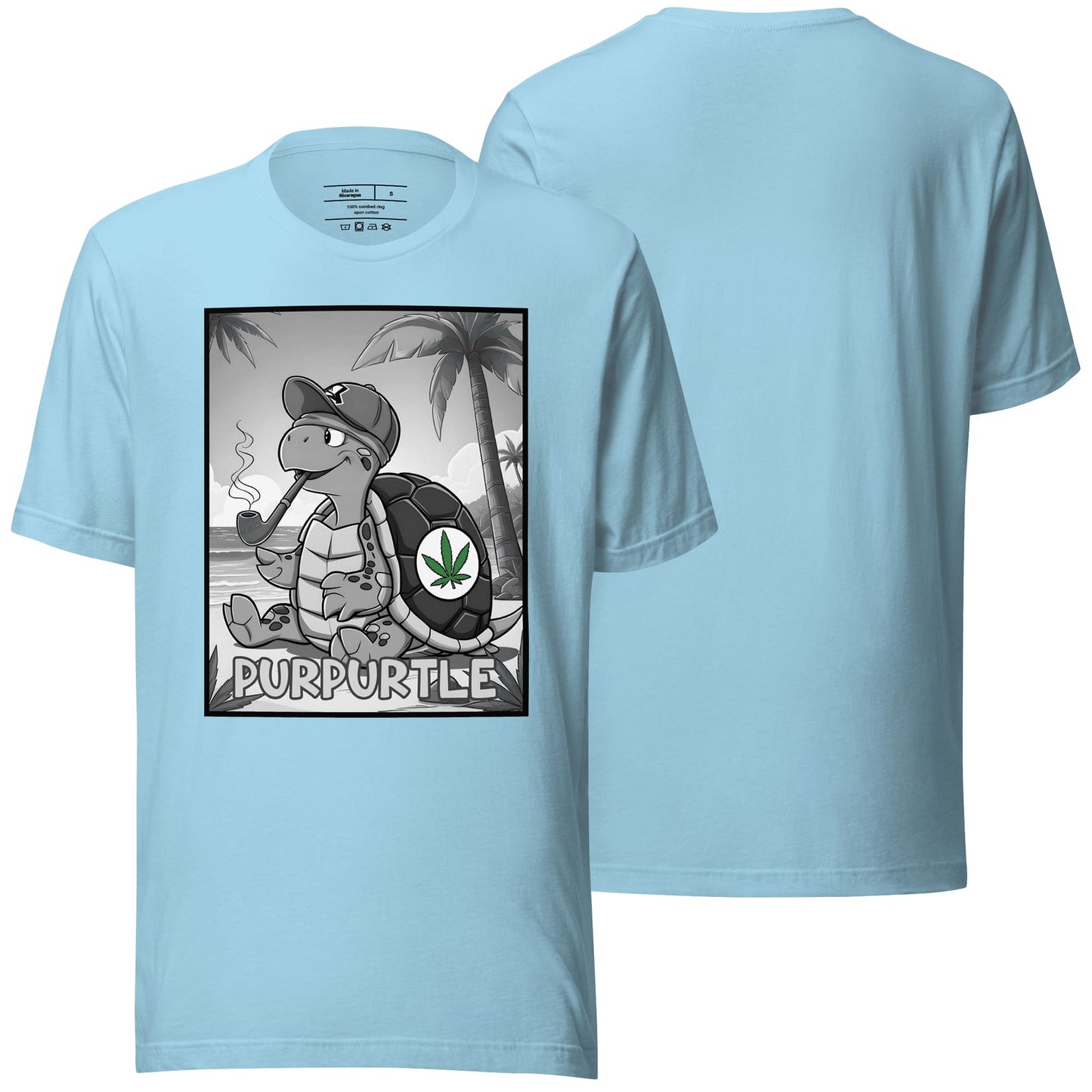An ocean blue t-shirt featuring the "Purpurtle" design, pairing a cool and refreshing tone with creative and lighthearted visuals. Perfect for a relaxed yet playful outfit.