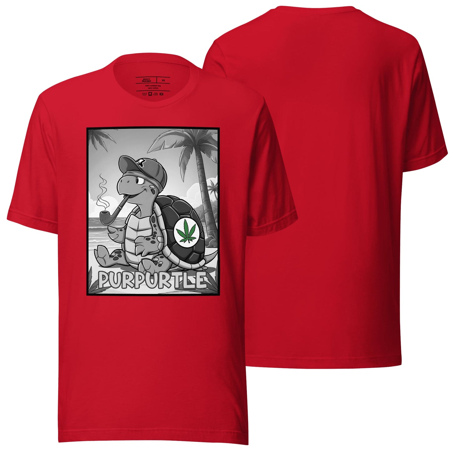 A striking red t-shirt adorned with the "Purpurtle" design, blending vibrant energy with a quirky graphic. Ideal for casual wear with a bold, fun twist.