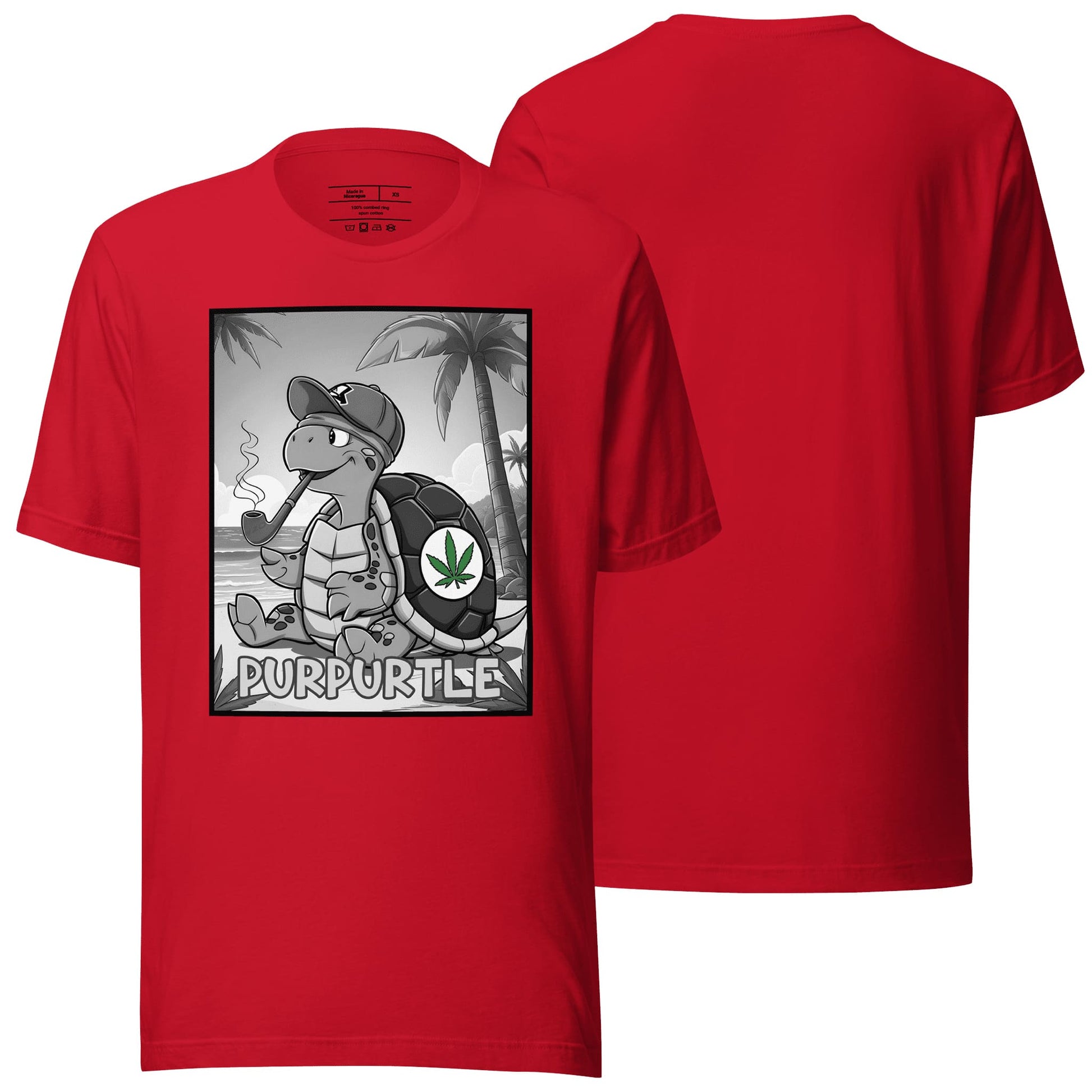 A striking red t-shirt adorned with the "Purpurtle" design, blending vibrant energy with a quirky graphic. Ideal for casual wear with a bold, fun twist.