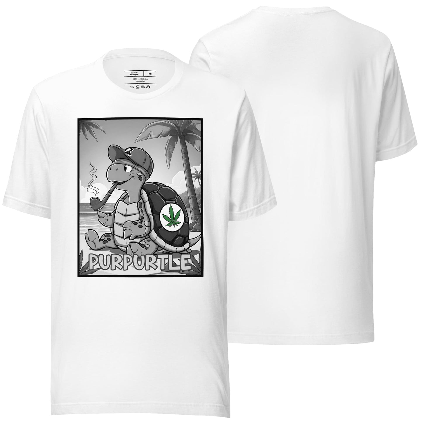 A crisp white t-shirt showcasing the "Purpurtle" design, offering a clean and versatile background for its unique and imaginative artwork. A timeless option for effortless everyday wear.