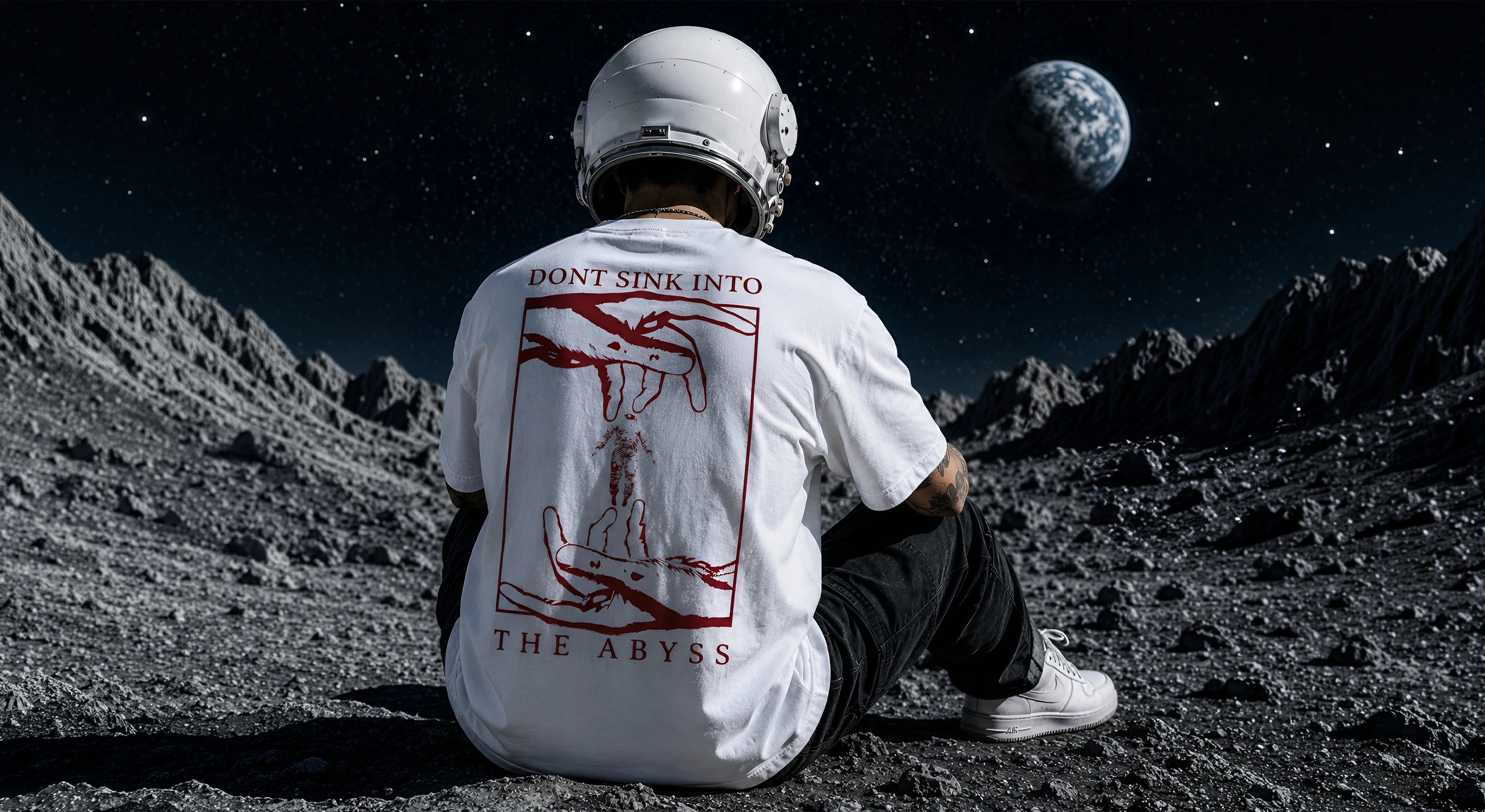 Weißes ABYSS Oversized T-Shirt mit Boxy Fit und rotem Rückenprint, getragen von einer sitzenden Person mit Astronautenhelm in einer mondähnlichen Landschaft.