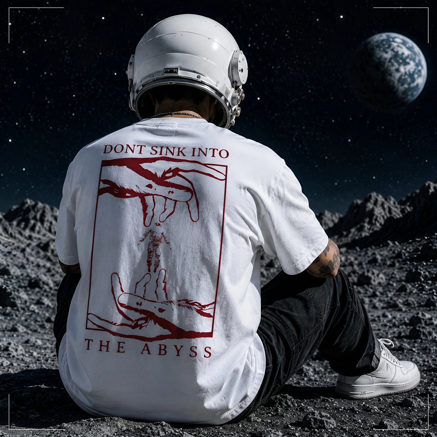 Rodney Logan ABYSS weißes Oversized Streetwear-T-Shirt mit rotem "Don't Sink Into The Abyss"-Backprint, getragen von einem sitzenden Model mit Astronautenhelm.