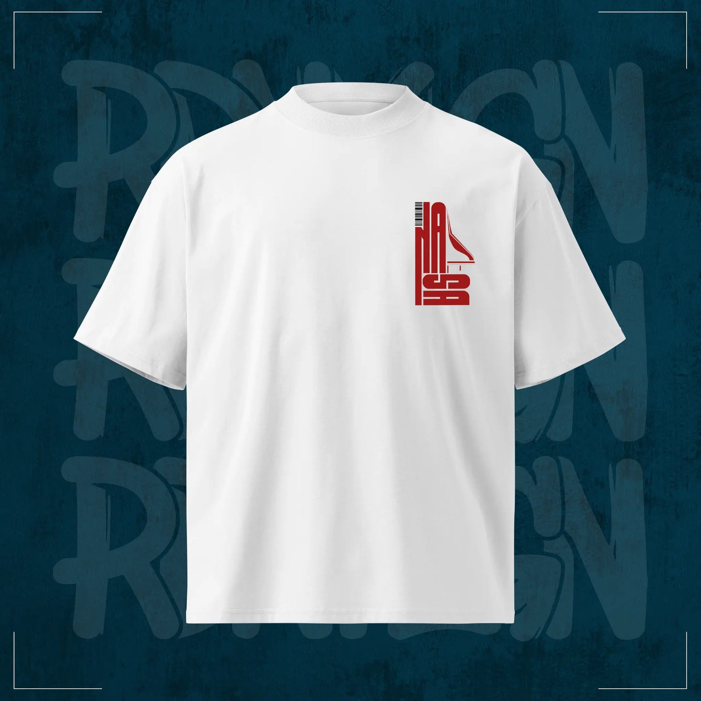 Weißes RodneyLogan Oversized T-Shirt „The Abyss“ aus 100 % Baumwolle mit kleinem roten Frontprint und hochwertigem Streetwear-Design.