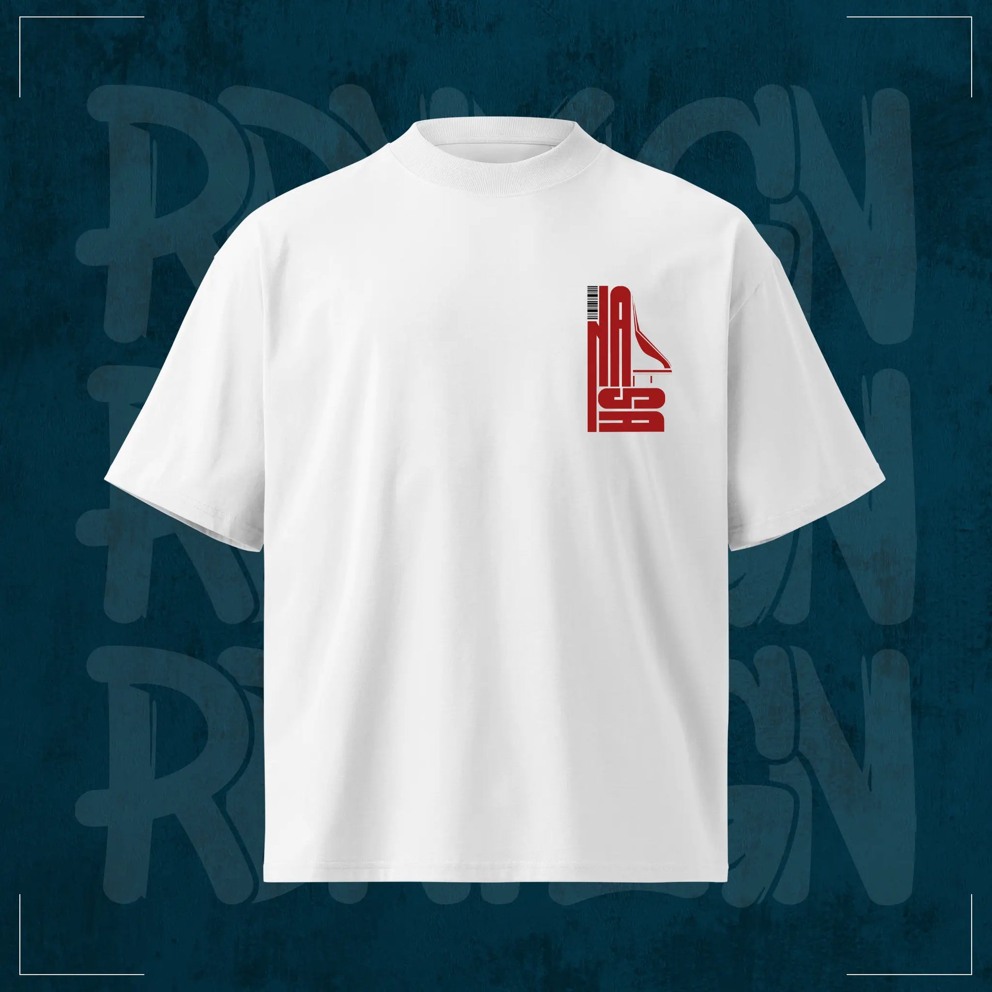 Weißes RodneyLogan Oversized T-Shirt „The Abyss“ aus 100 % Baumwolle mit kleinem roten Frontprint und hochwertigem Streetwear-Design.