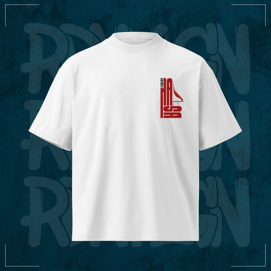 Weißes RodneyLogan Oversized T-Shirt „The Abyss“ aus 100 % Baumwolle mit kleinem roten Frontprint und hochwertigem Streetwear-Design.