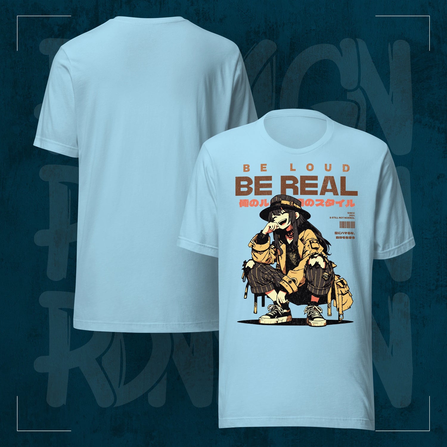 Rodney Logan BE REAL Regular T-Shirt in Baltic Blue mit großem Anime-Style Frontprint, japanischer Typografie und Streetwear-Grafik.