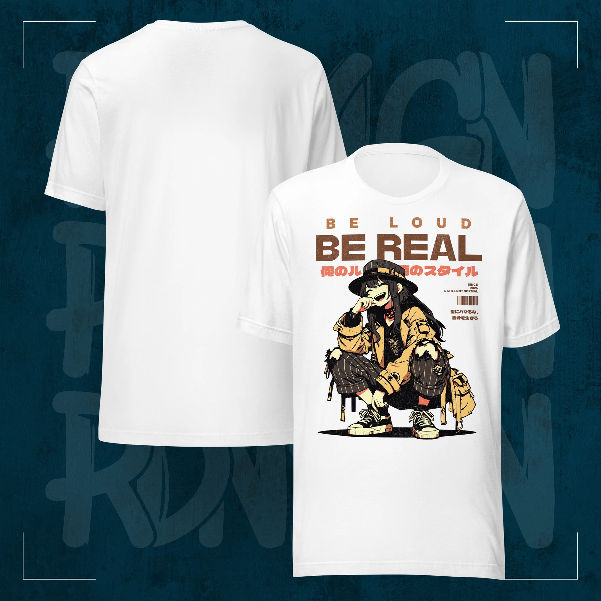 Rodney Logan BE REAL weißes Regular T-Shirt mit großem Anime-Style Frontprint, japanischer Typografie und urbanem Streetwear-Design.