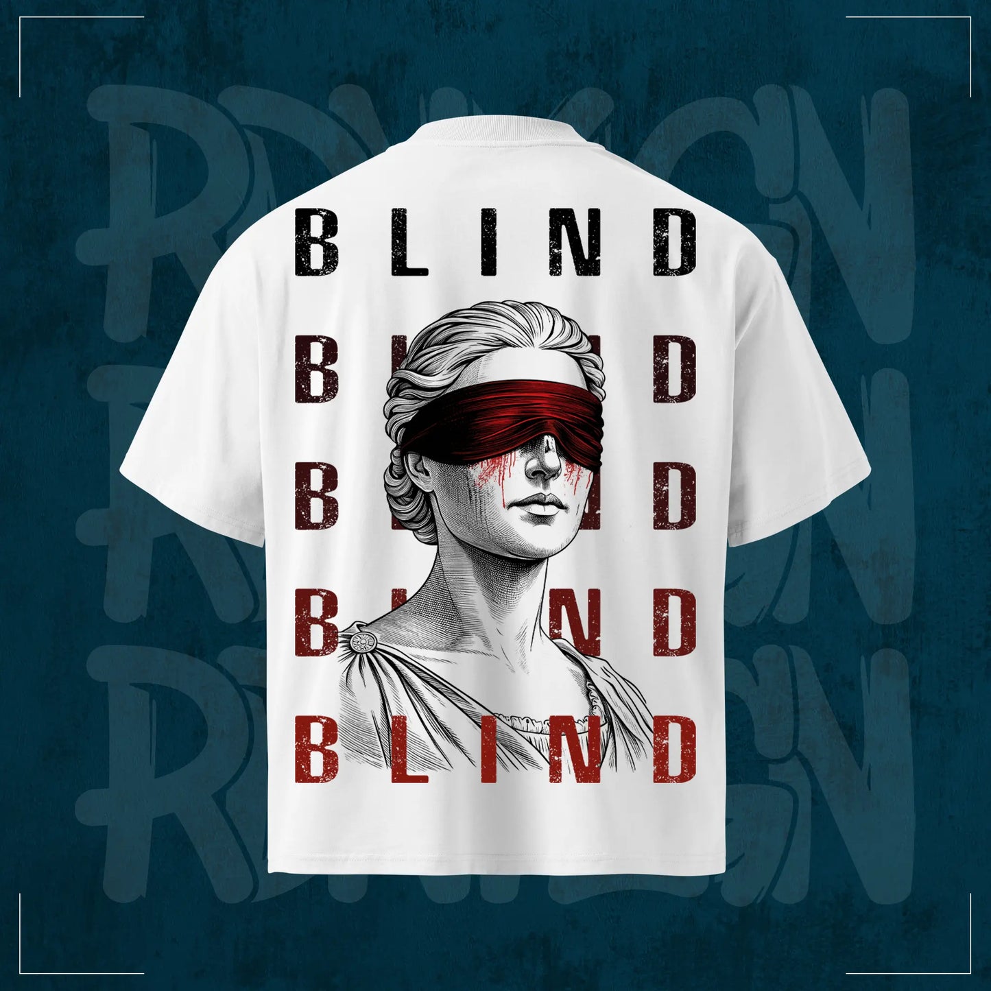 Weißes RodneyLogan Blind Oversized T-Shirt mit großem Rückenprint einer verbundenen Statue und „Blind“-Schriftzug auf dunkelblauem Hintergrund.
