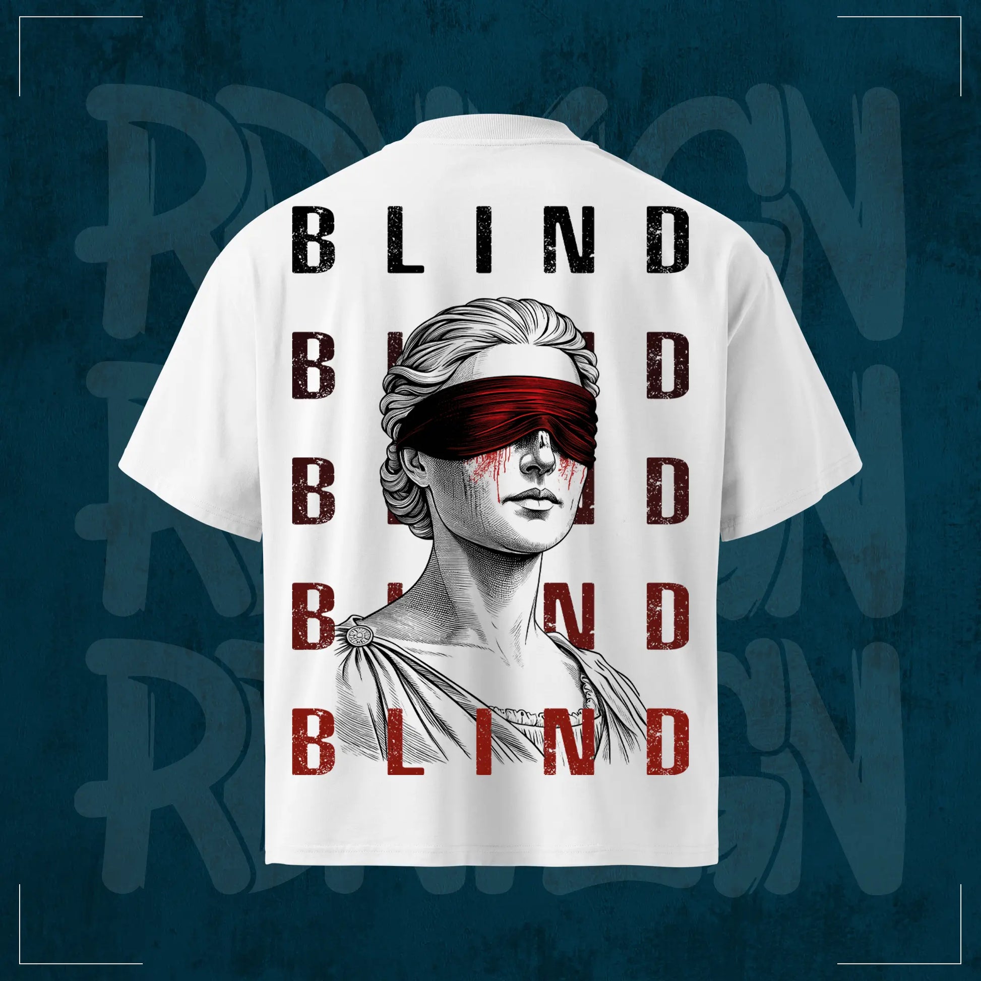 Weißes RodneyLogan Blind Oversized T-Shirt mit großem Rückenprint einer verbundenen Statue und „Blind“-Schriftzug auf dunkelblauem Hintergrund.
