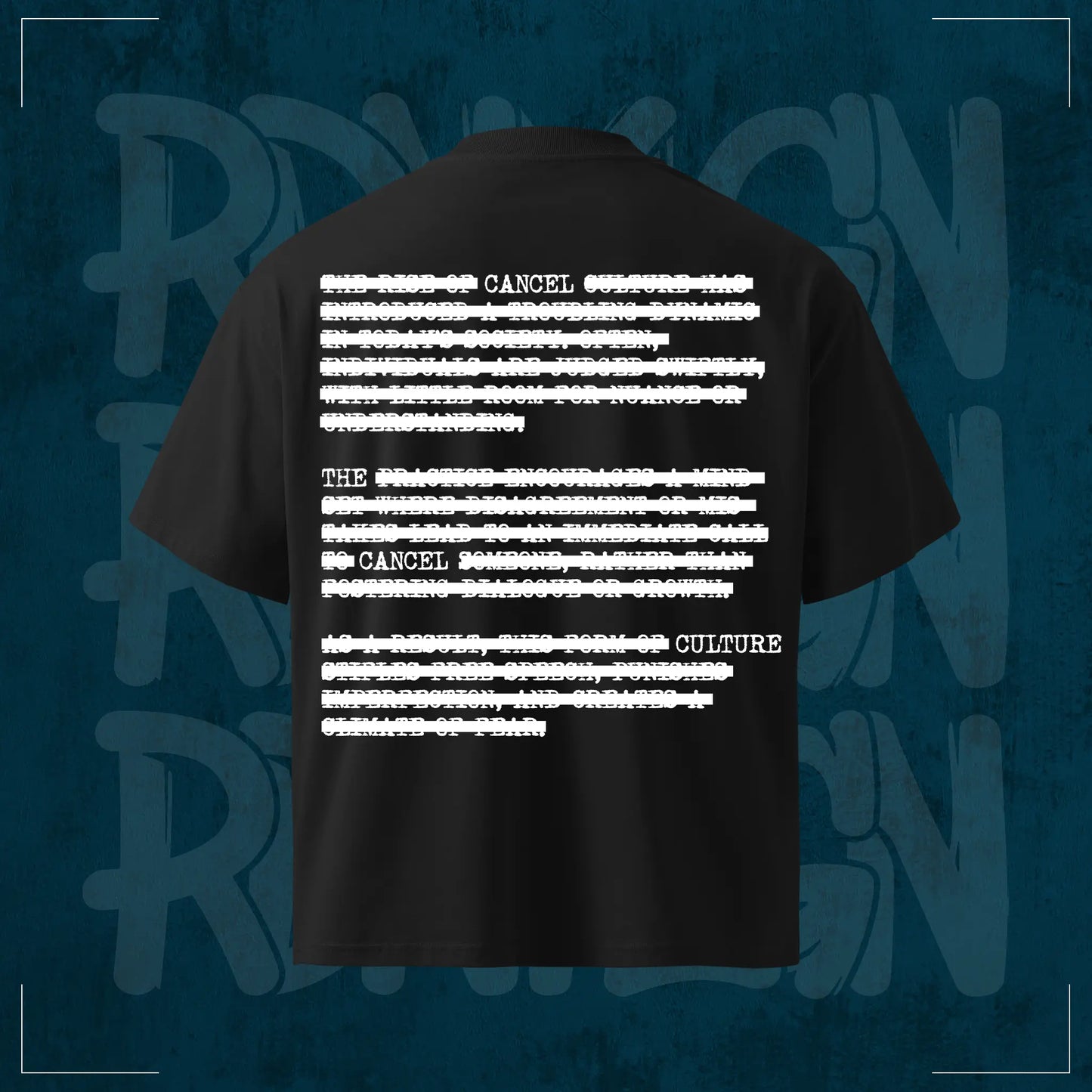 Schwarzes RodneyLogan Oversized T-Shirt „Cancel Culture“ mit großem typografischen Rückenprint im Distressed-Look – hochwertiges Streetwear-Design aus 100 % Baumwolle.