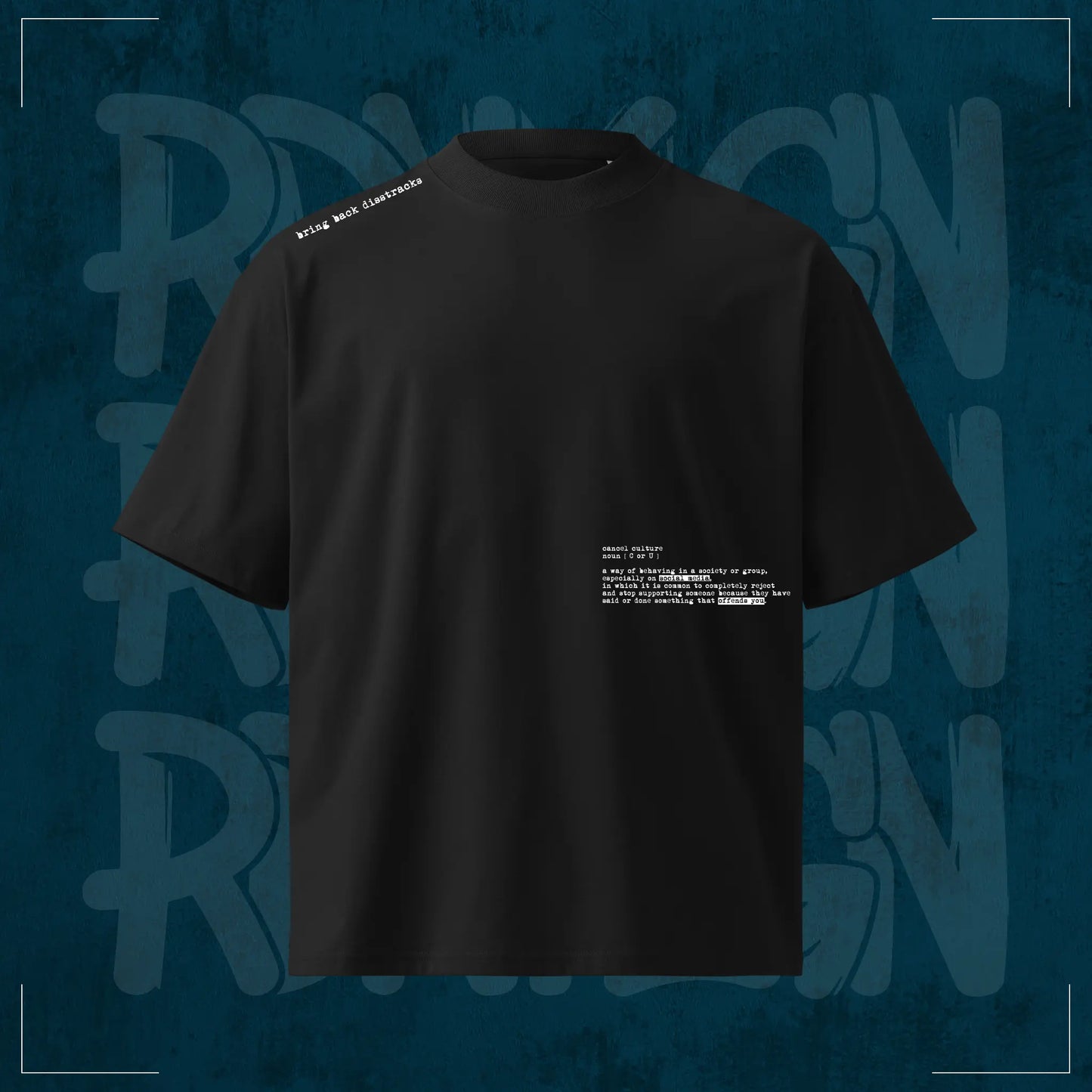 Schwarzes RodneyLogan Oversized T-Shirt „Cancel Culture“ aus 100 % Baumwolle mit kleinem typografischen Frontprint und hochwertigem Streetwear-Design.