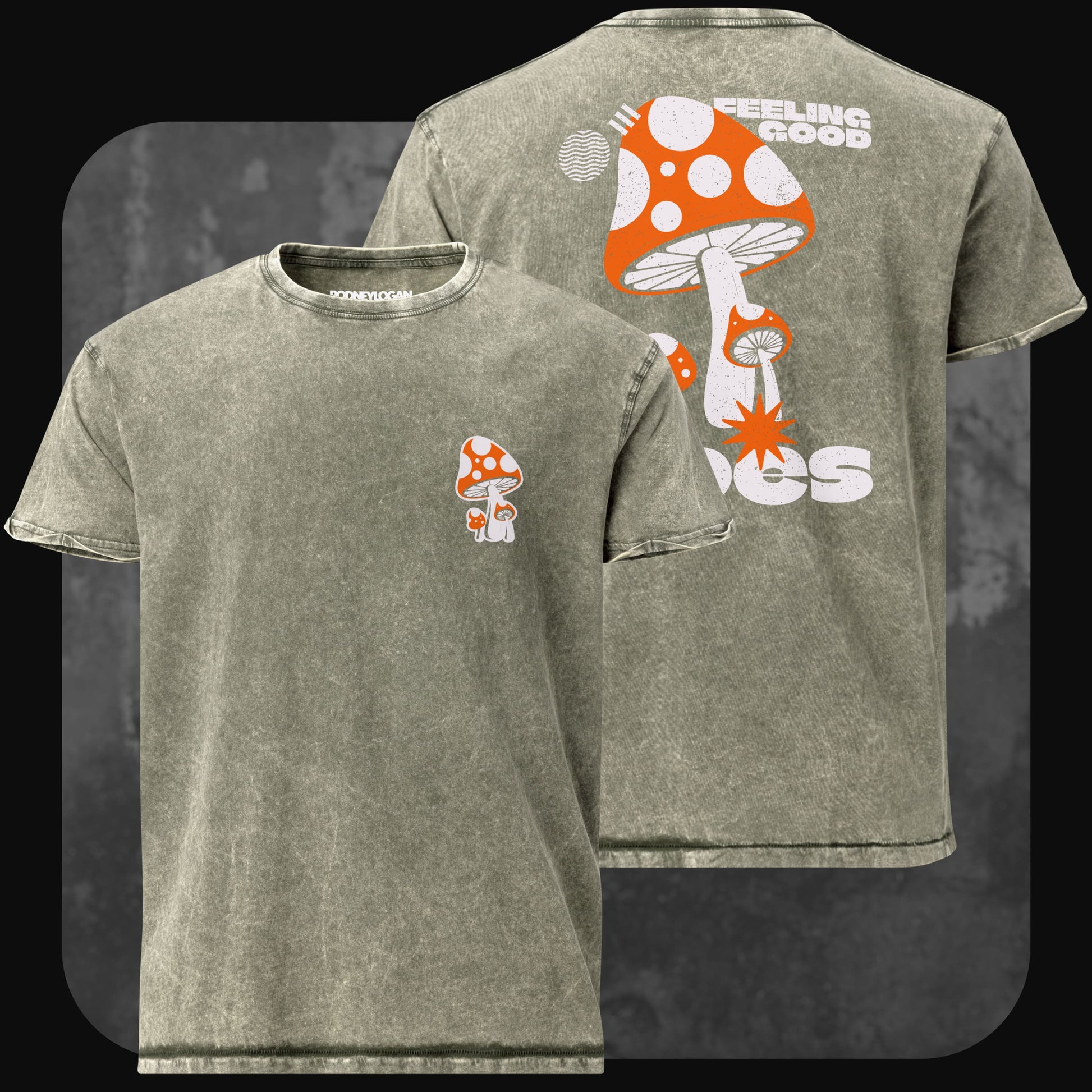 Grünes Acid-Wash-T-Shirt mit kleinem Fliegenpilz vorne links. Rückseite mit großem Pilzdesign und dem Text „Feeling Good Vibes“.