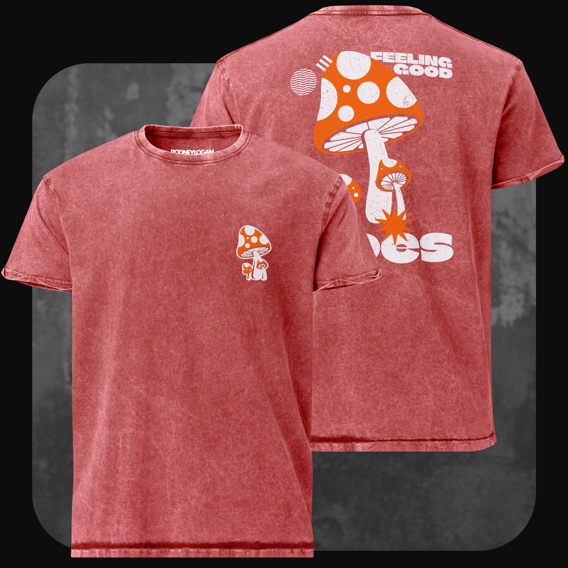 Rotes Acid-Wash-T-Shirt mit kleinem Fliegenpilz vorne. Auf der Rückseite großer roter Fliegenpilz mit dem weißen Schriftzug „Feeling Good Vibes“.
