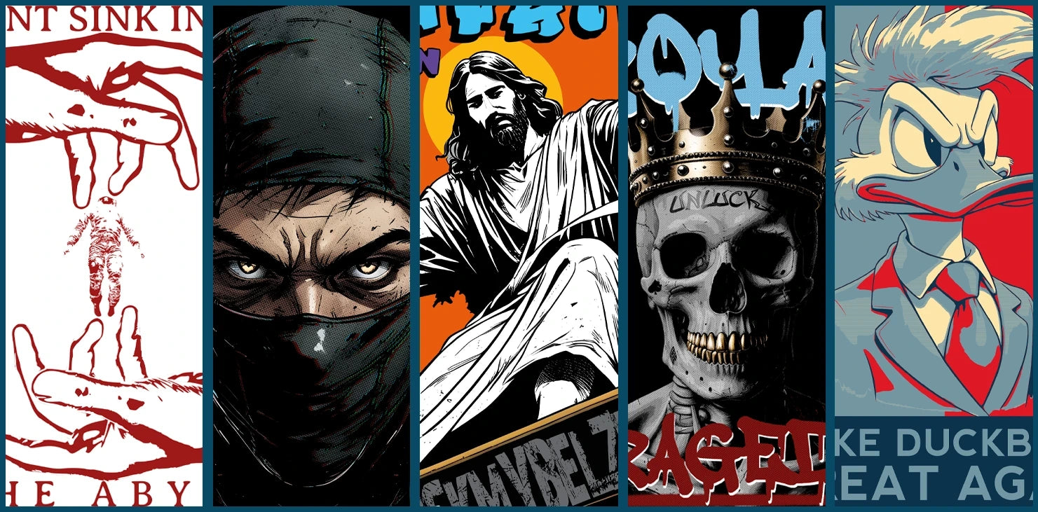 Collage einzigartiger RodneyLogan Streetwear-Motive auf T-Shirts – kreative, auffällige und individuelle Designs.