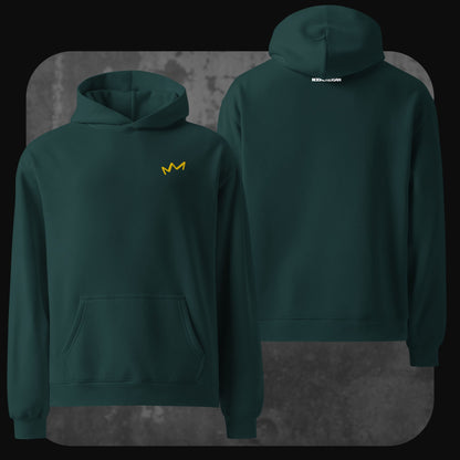 Dunkelgrüner Hoodie mit gelbem Kronenmotiv links auf der Brust. Rückseite schlicht ohne Design.