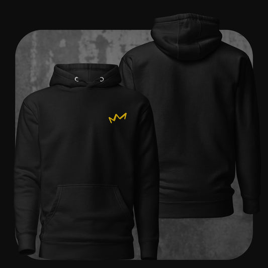 Schwarzer Hoodie mit gelber Krone links auf der Brust. Rückseite schlicht und unbedruckt.
