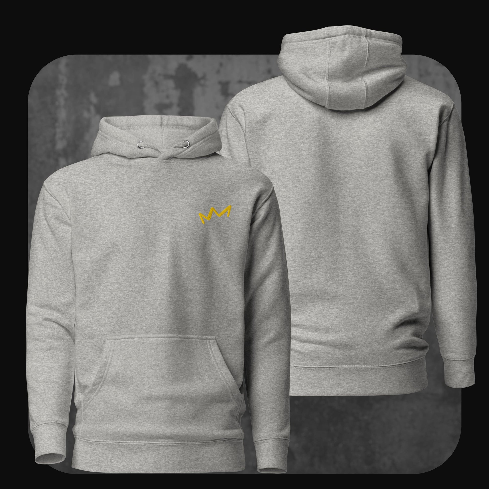 Hellgrauer Hoodie mit kleiner gelber Krone links auf der Brust. Rückseite unbedruckt.
