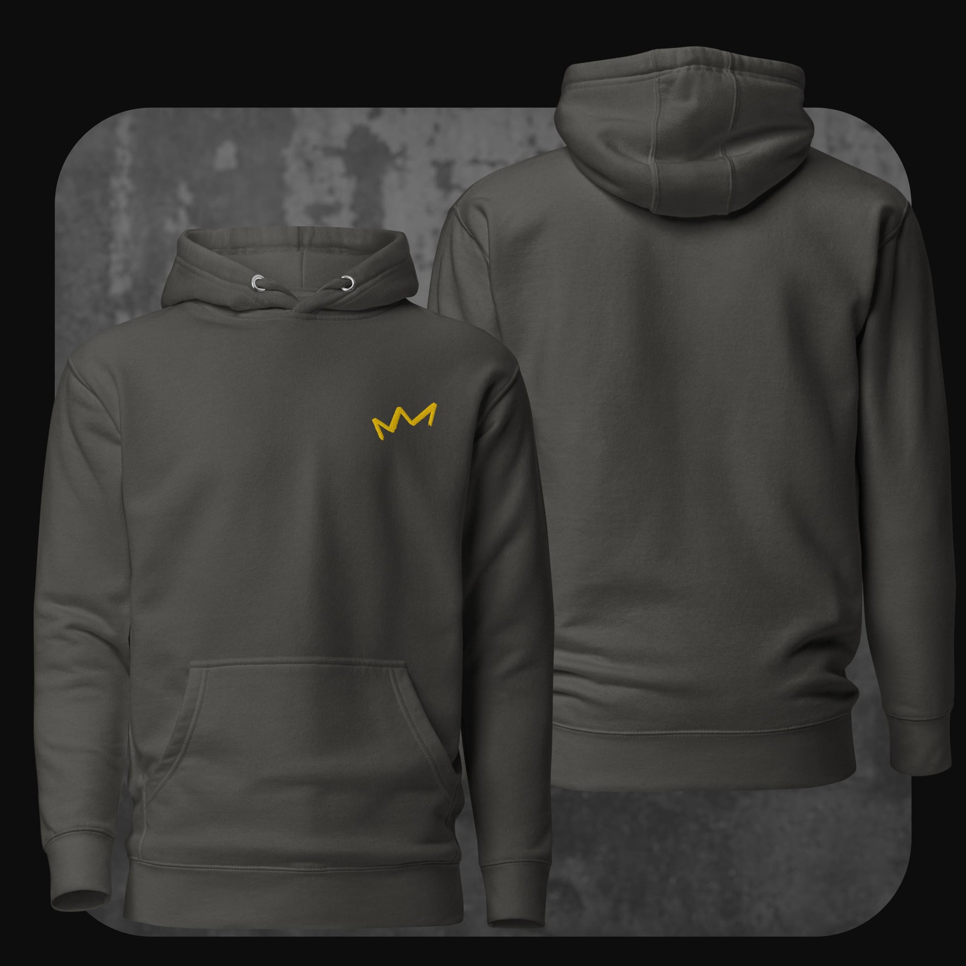 Dunkelgrauer Hoodie mit kleiner gelber Krone links auf der Brust. Rückseite schlicht ohne Aufdruck.