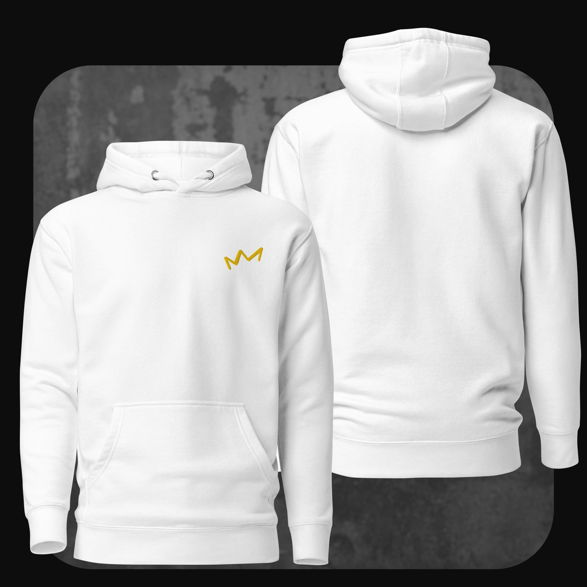 Weißer Hoodie mit gelbem Kronenmotiv links auf der Brust. Rückseite unbedruckt.
