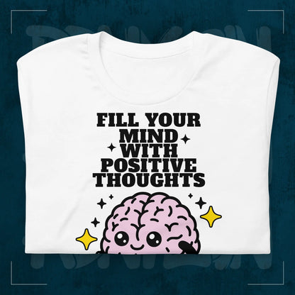 Weißes RodneyLogan Regular T-Shirt mit „Fill Your Mind With Positive Thoughts“-Motiv als Detailaufnahme auf dunkelblauem Hintergrund.