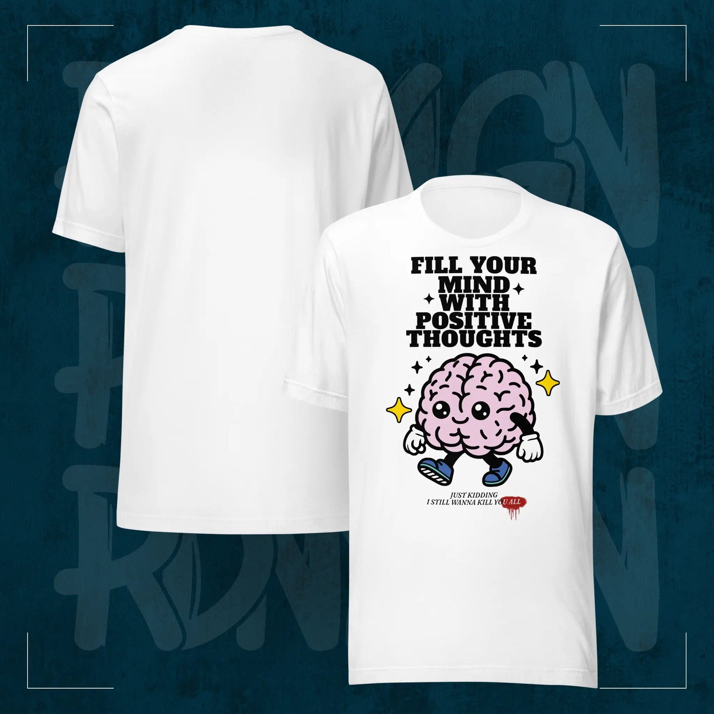 Weißes RodneyLogan Regular T-Shirt mit Frontprint und schlichter Rückseite im Produktvergleich auf dunkelblauem Hintergrund.