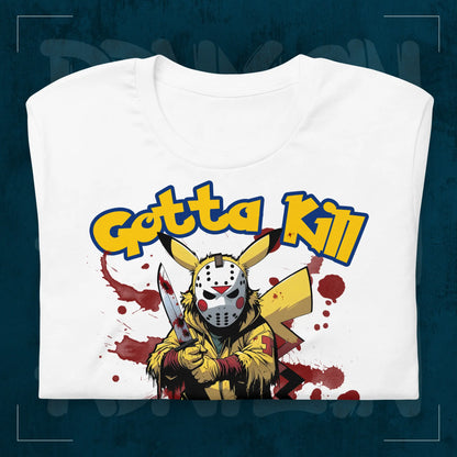 Weißes RodneyLogan Regular T-Shirt mit „Gotta Kill Em All“-Motiv als Detailaufnahme auf dunkelblauem Hintergrund.