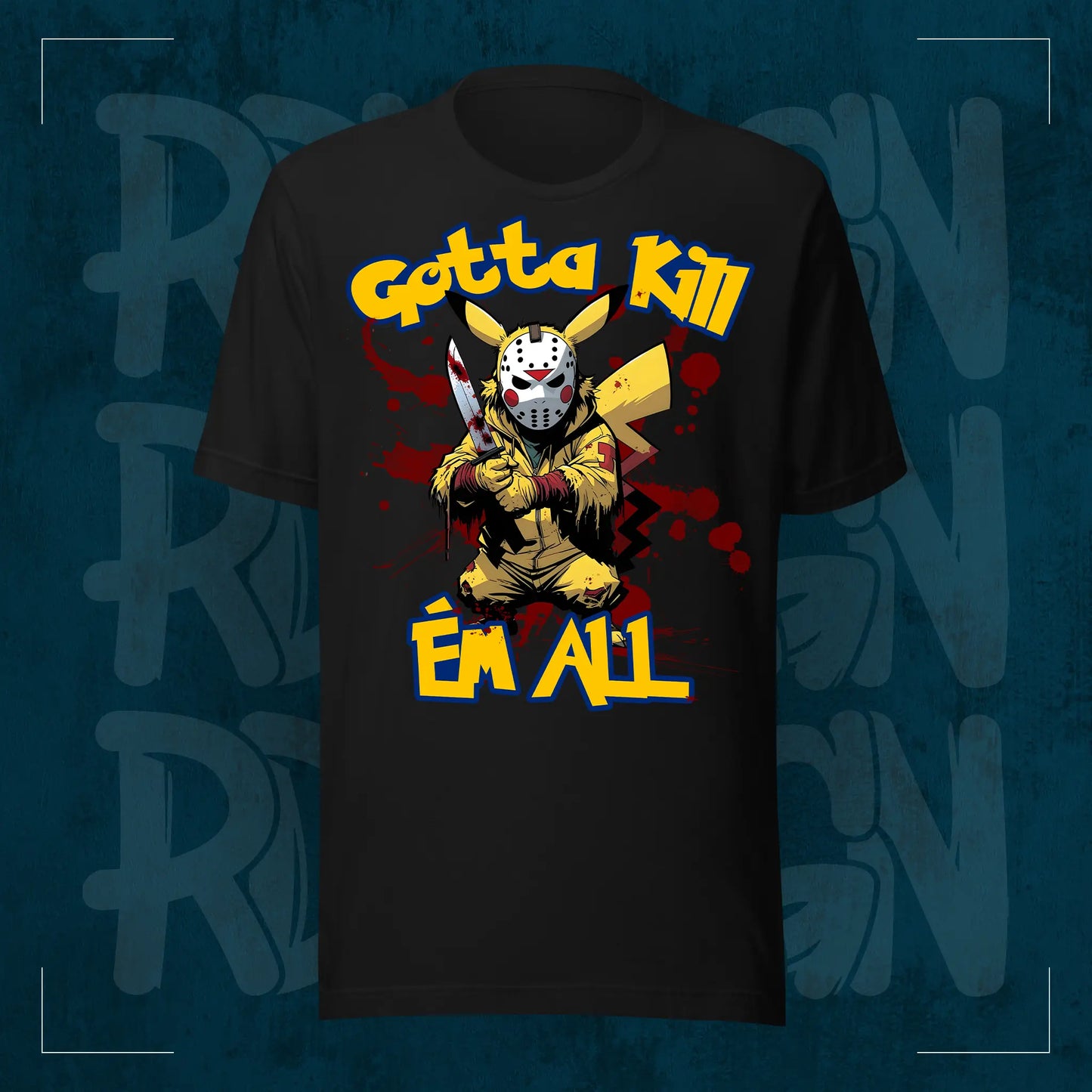 Schwarzes RodneyLogan Regular T-Shirt mit großem „Gotta Kill Em All“-Frontmotiv auf dunkelblauem Hintergrund.
