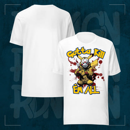 Weißes RodneyLogan Regular T-Shirt mit „Gotta Kill Em All“-Frontprint und schlichter Rückseite im Produktvergleich.
