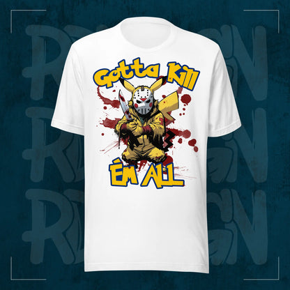 Weißes RodneyLogan Regular T-Shirt mit großem „Gotta Kill Em All“-Frontmotiv auf dunkelblauem Hintergrund.