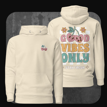 Produktbild des Good Vibes Only Hoodies in Bone mit farbenfrohem Design auf der Rückseite und dezentem Front-Stick
