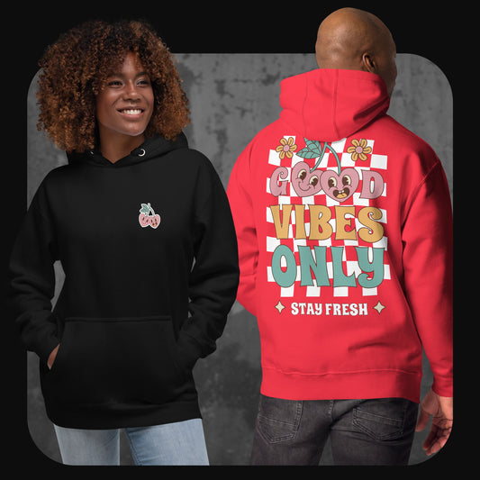 Lifestyle-Foto zweier Personen in Good Vibes Only Hoodies in Schwarz und Rot mit großem Rückenprint
