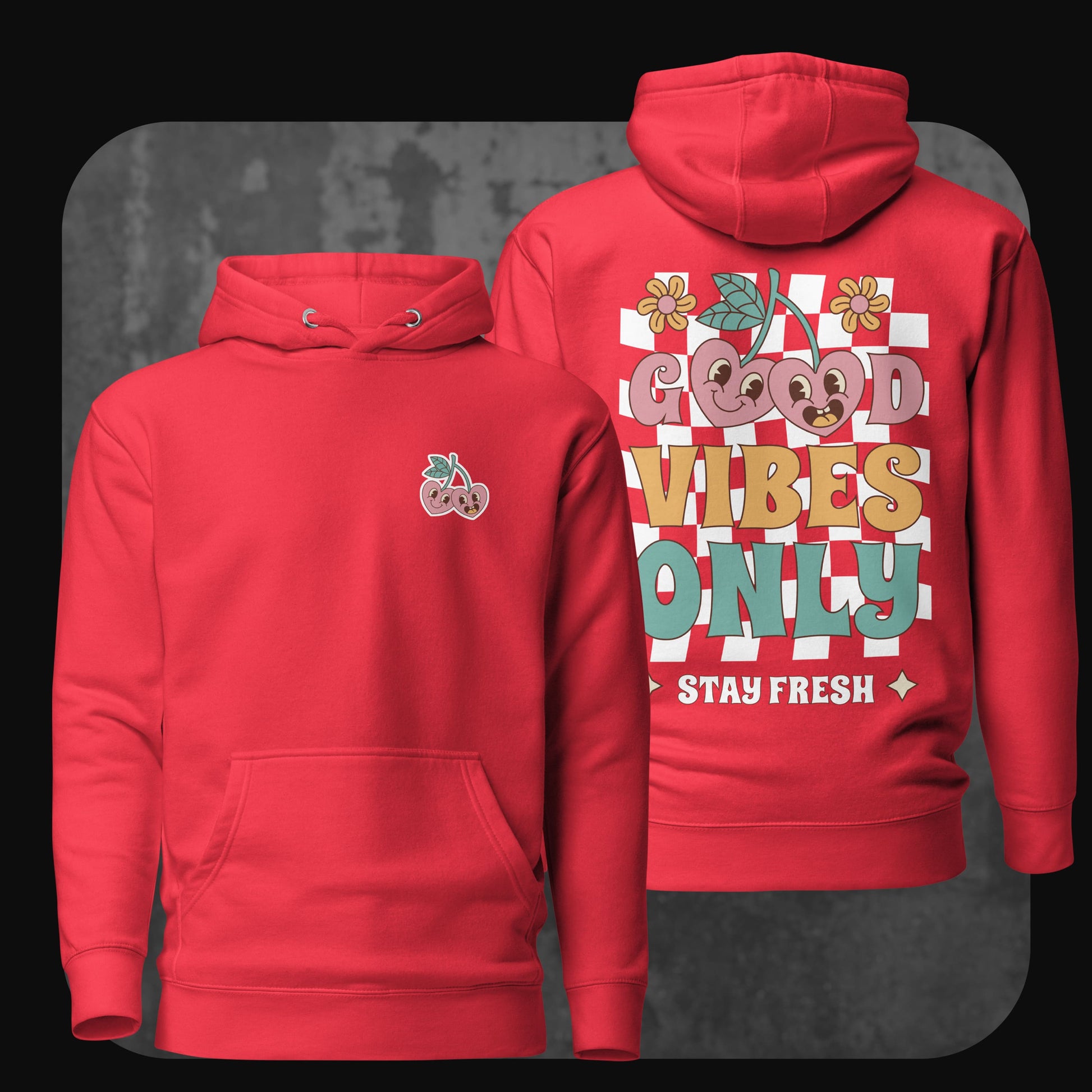 Produktbild des Good Vibes Only Hoodies in Rot mit lebendiger Rückengrafik und kleinem Stick vorne
