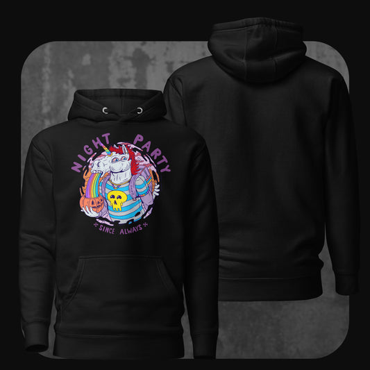 Unisex Hoodie Punicorn in Schwarz mit farbenfrohem Einhorn-Design und Party-Motiv