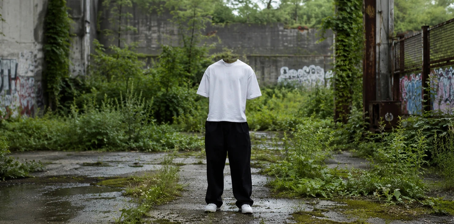 Weißes Oversized T-Shirt von RodneyLogan in einer überwucherten Industriehalle – Symbol für individuelle Streetwear abseits der Massenware.