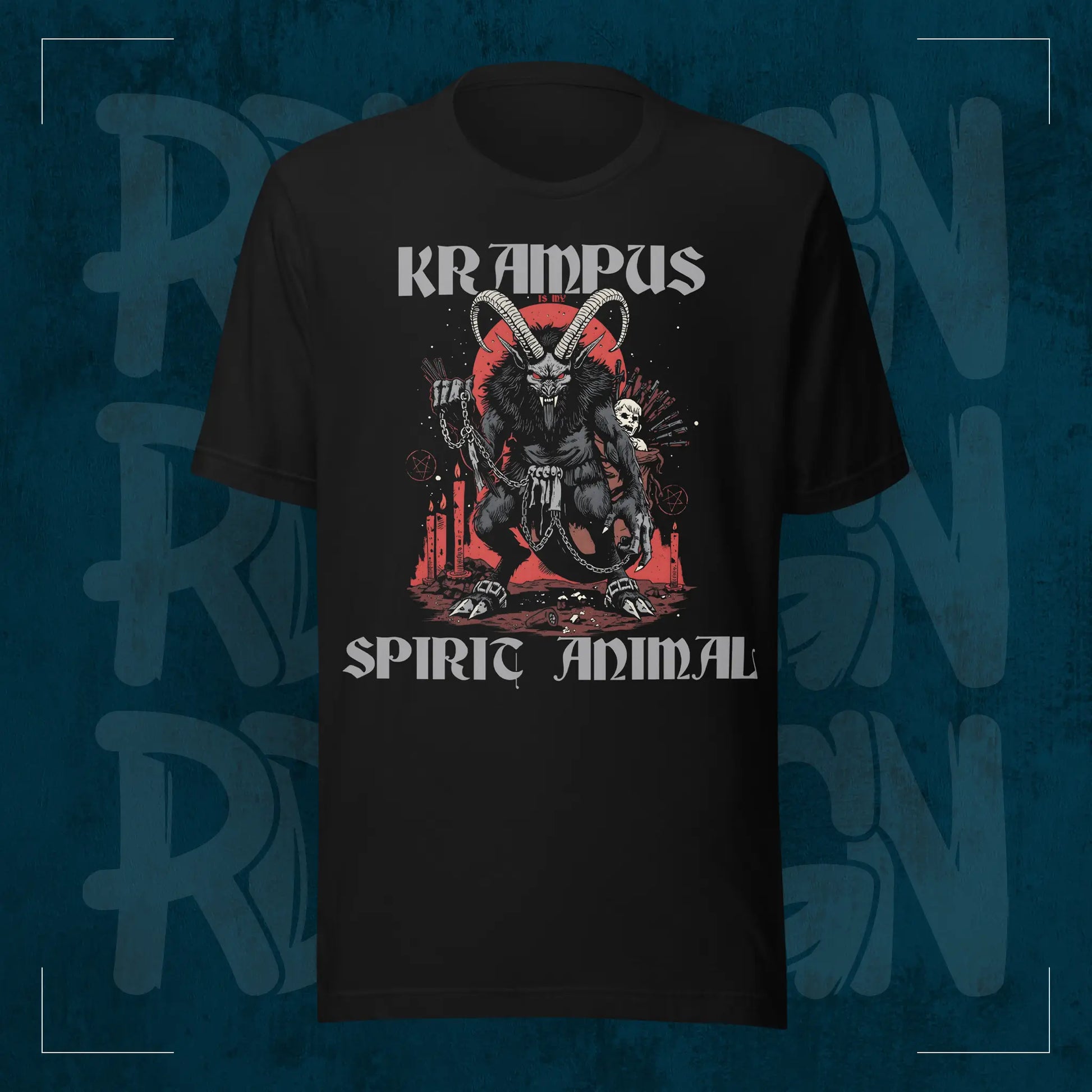 Schwarzes RodneyLogan Regular T-Shirt mit großem Krampus-Frontmotiv und Schriftzug „Spirit Animal“ auf dunkelblauem Hintergrund.