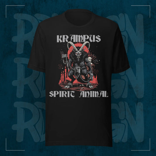 Schwarzes RodneyLogan Regular T-Shirt mit großem Krampus-Frontmotiv und Schriftzug „Spirit Animal“ auf dunkelblauem Hintergrund.
