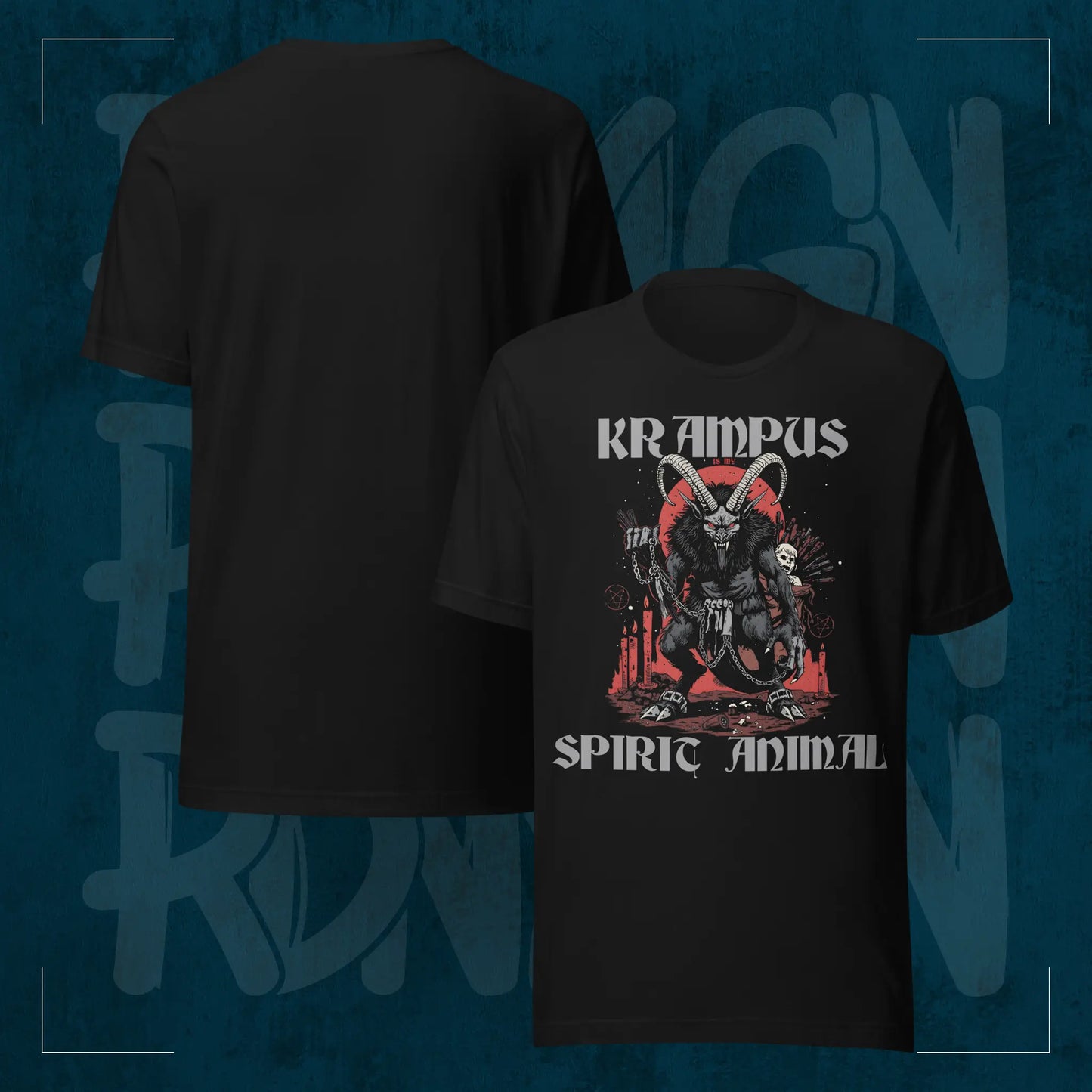 Schwarzes RodneyLogan Regular T-Shirt mit Krampus-Frontprint und schlichter Rückseite im Produktvergleich.