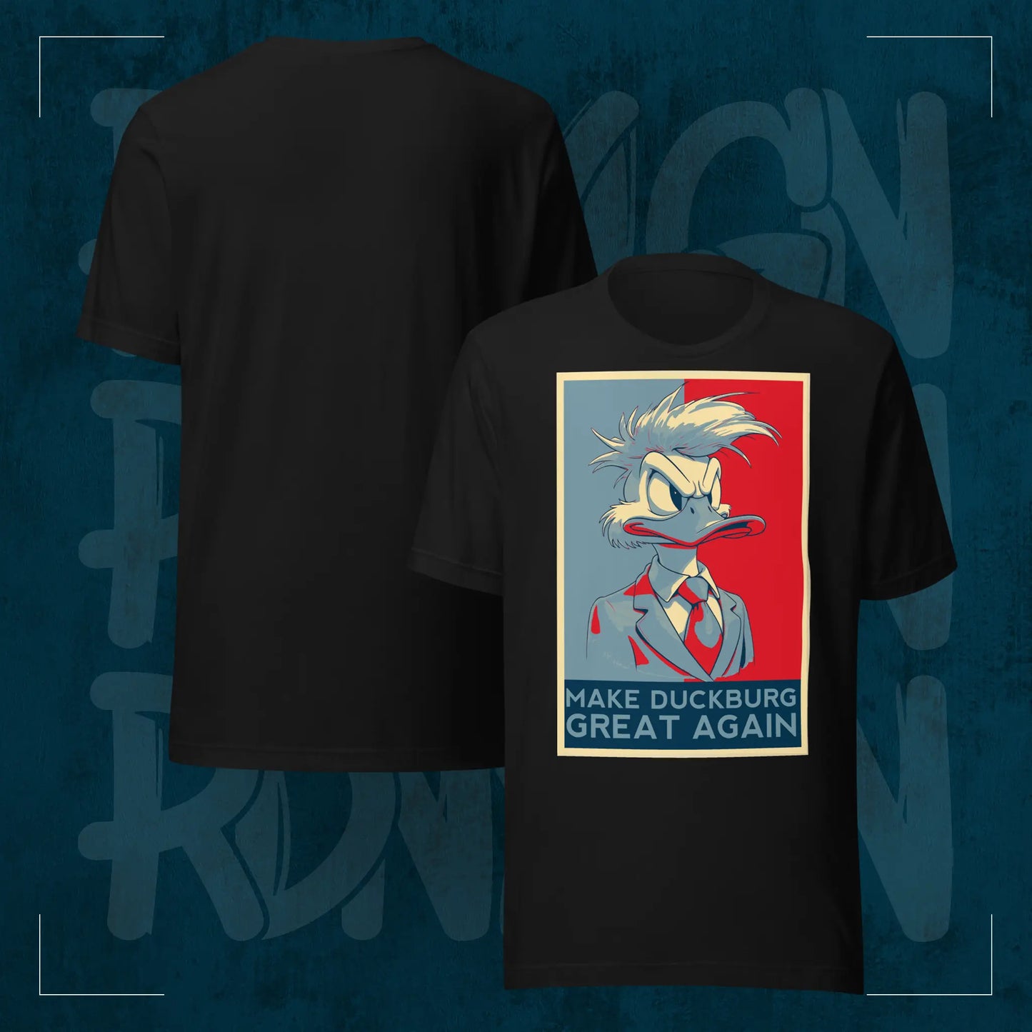 Schwarzes RodneyLogan Regular T-Shirt mit „Make Duckburg Great Again“-Frontprint und schlichter Rückseite im Produktvergleich.