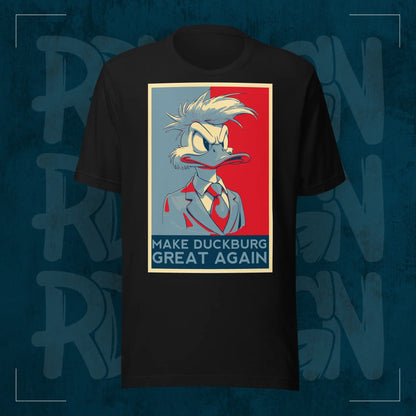 Schwarzes RodneyLogan Regular T-Shirt mit großem „Make Duckburg Great Again“-Frontmotiv auf dunkelblauem Hintergrund.