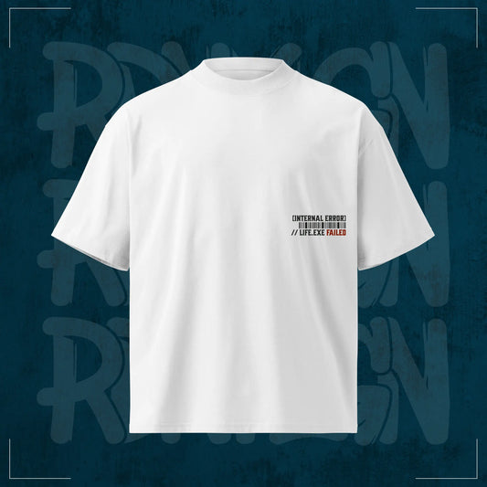 Weißes RodneyLogan Mortality Oversized T-Shirt mit kleinem „Internal Error“-Brustprint auf dunkelblauem Hintergrund.