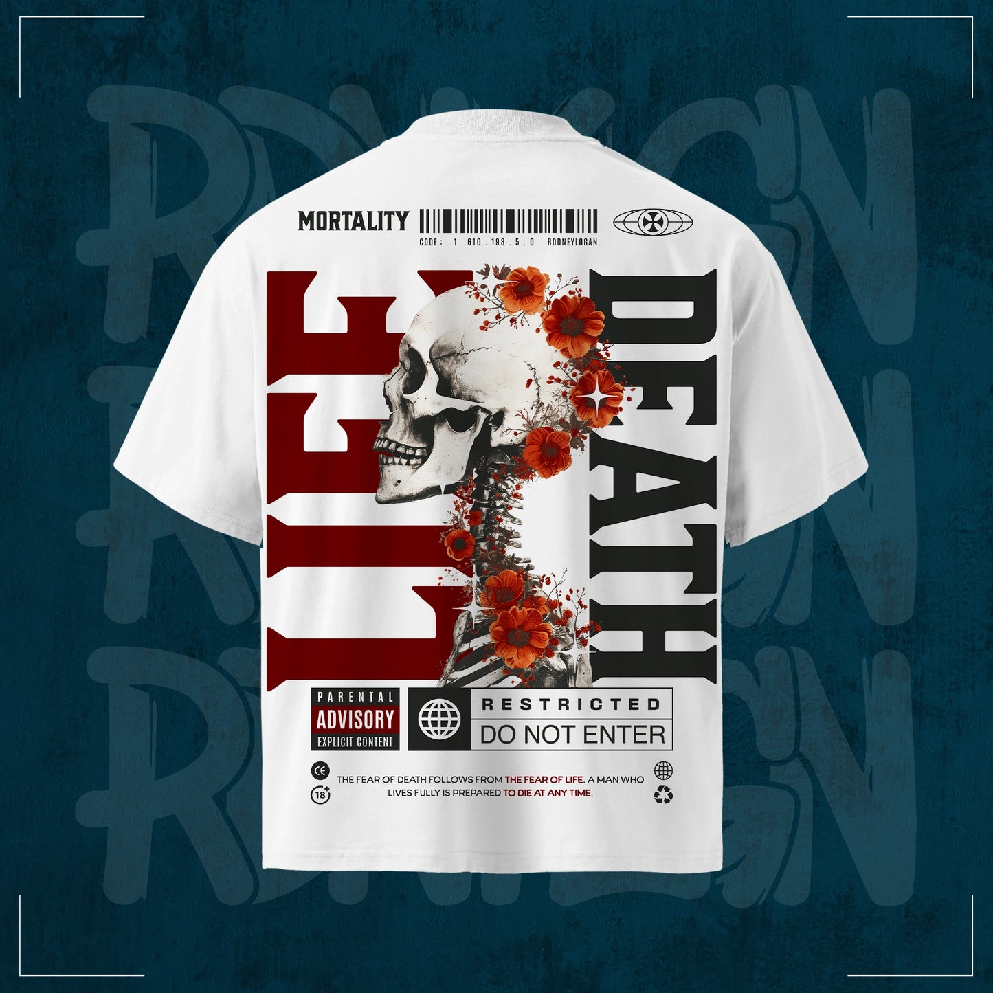 Weißes RodneyLogan Oversized T-Shirt „Mortality“ aus 100 % Baumwolle mit großem Rückenprint, Totenkopf-Motiv und hochwertigem Streetwear-Design.