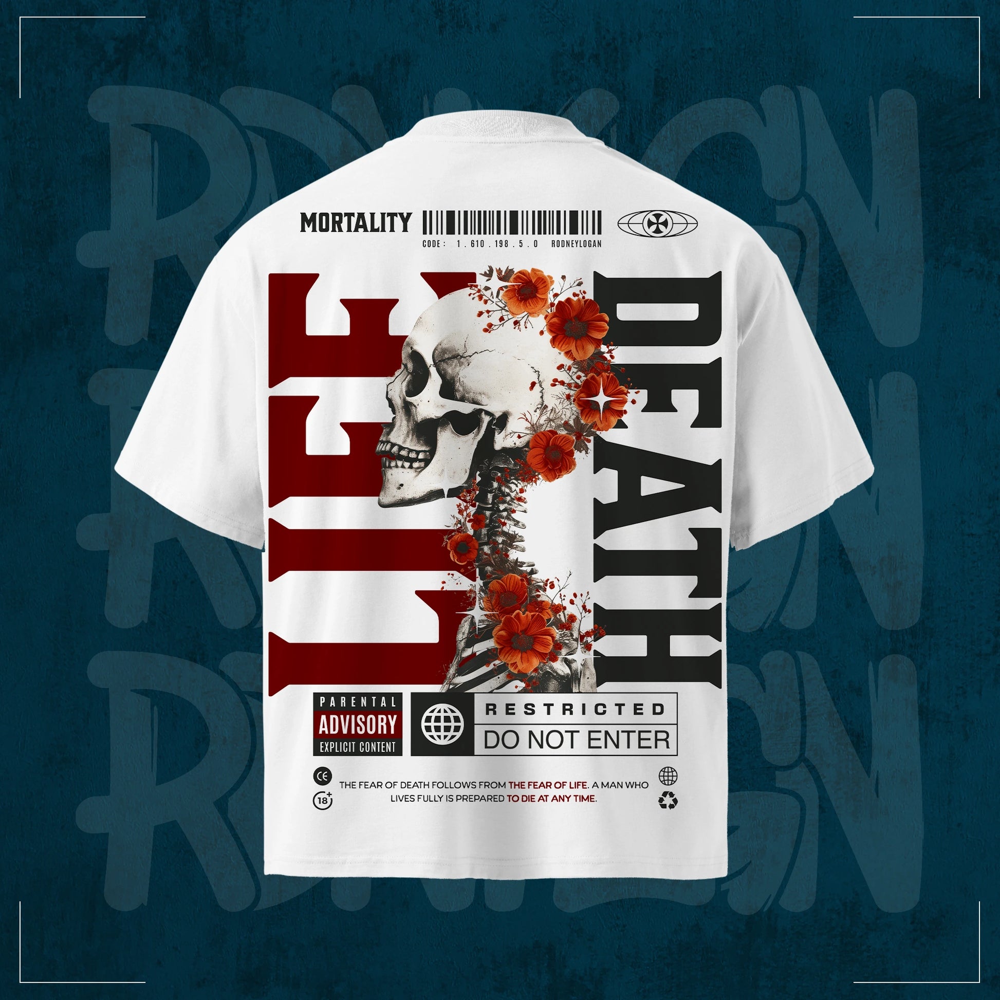 Weißes RodneyLogan Oversized T-Shirt „Mortality“ aus 100 % Baumwolle mit großem Rückenprint, Totenkopf-Motiv und hochwertigem Streetwear-Design.