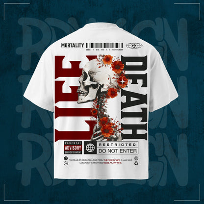 Weißes RodneyLogan Oversized T-Shirt „Mortality“ aus 100 % Baumwolle mit großem Rückenprint, Totenkopf-Motiv und hochwertigem Streetwear-Design.