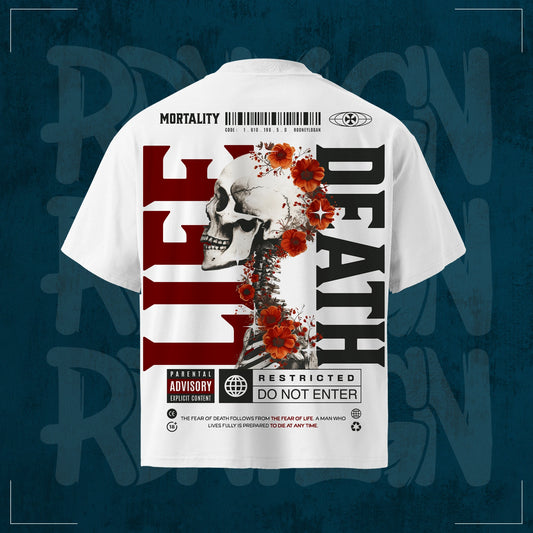 Weißes RodneyLogan Oversized T-Shirt „Mortality“ aus 100 % Baumwolle mit großem Rückenprint, Totenkopf-Motiv und hochwertigem Streetwear-Design.