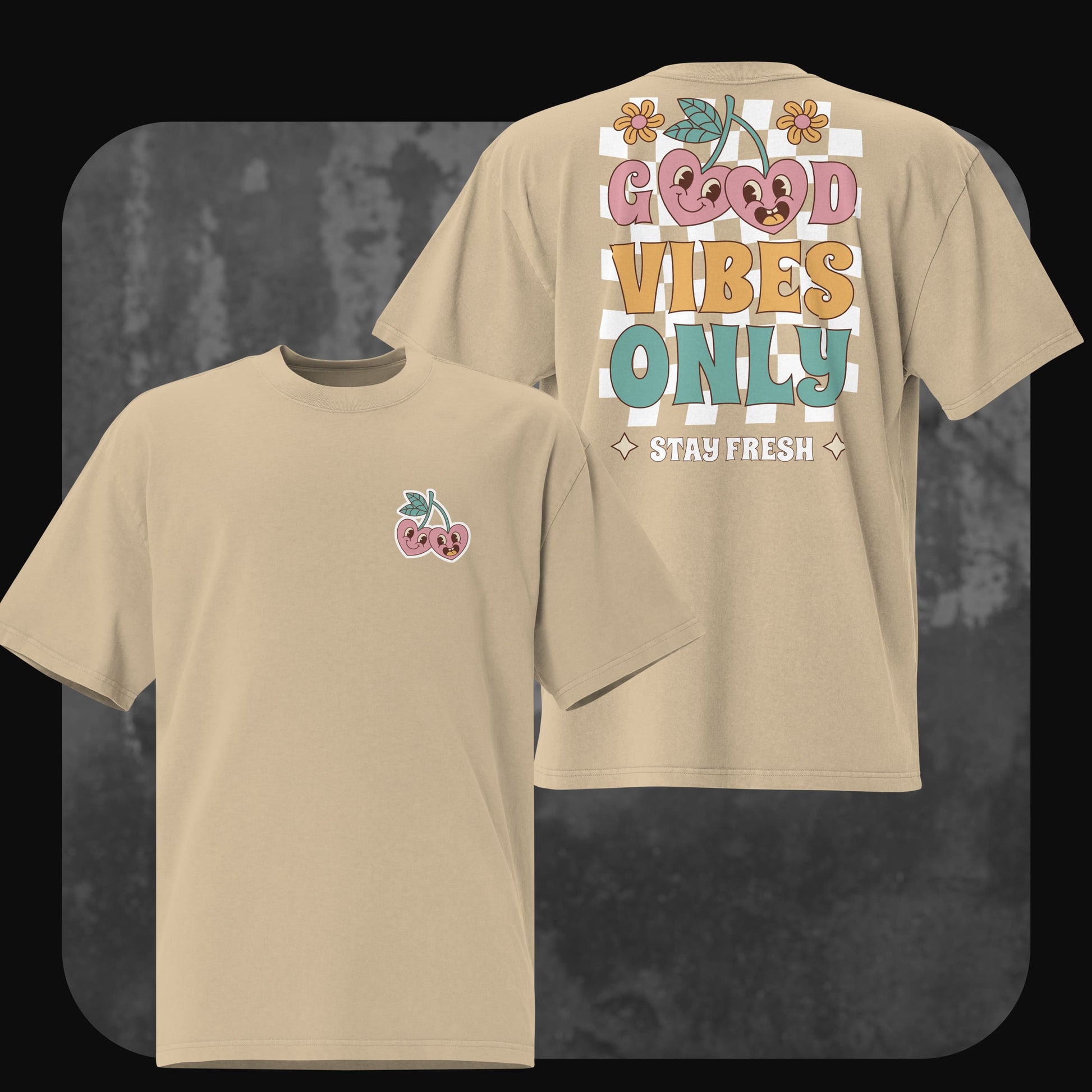 Oversized T-Shirt ‘Good Vibes Only’ in Faded Khaki, Vorder- und Rückseite mit buntem Print und Kirschen-Motiv.
