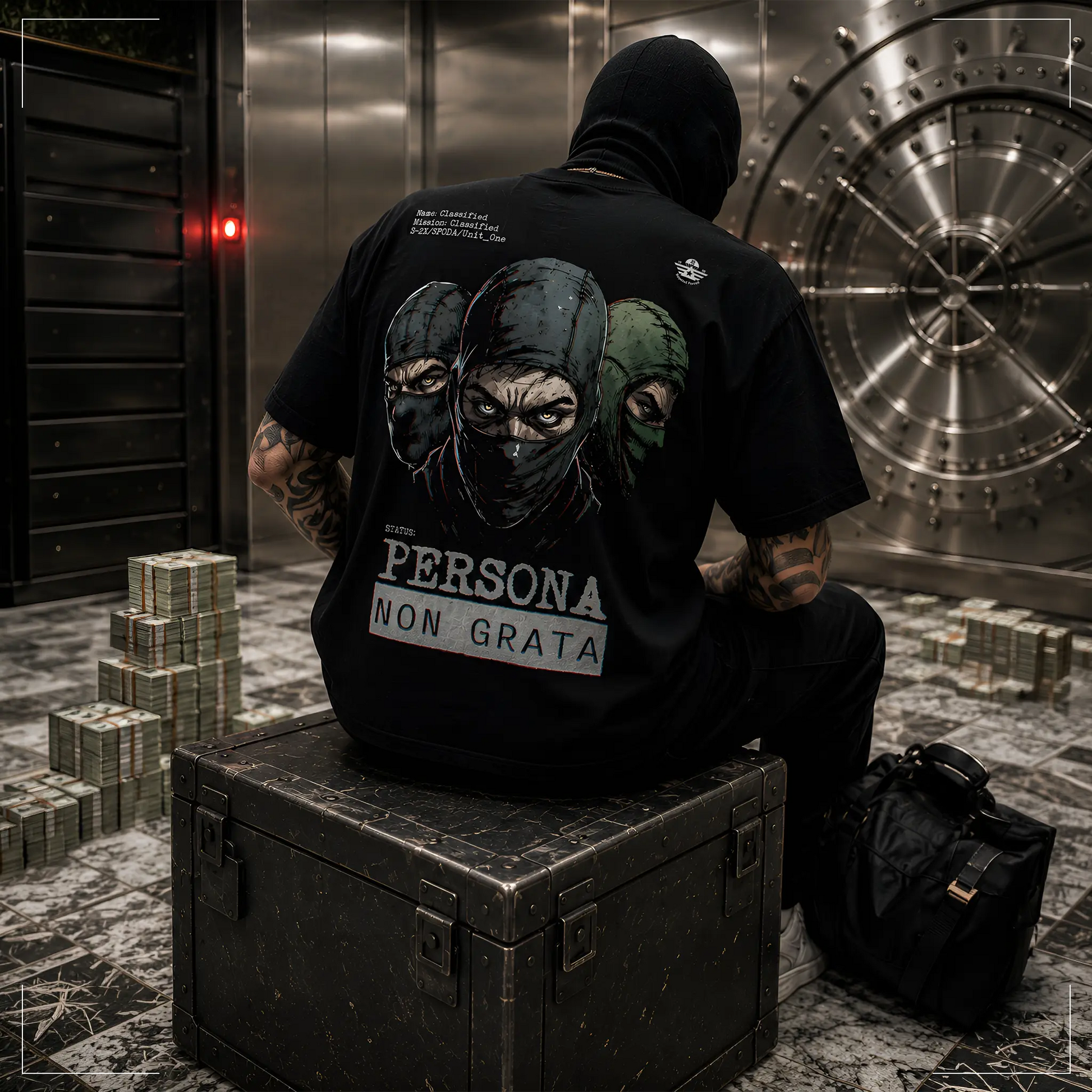 Rodney Logan PERSONA NON GRATA schwarzes Oversized Streetwear-T-Shirt mit Illustration maskierter Figuren und großem Backprint, getragen von einem sitzenden Model.