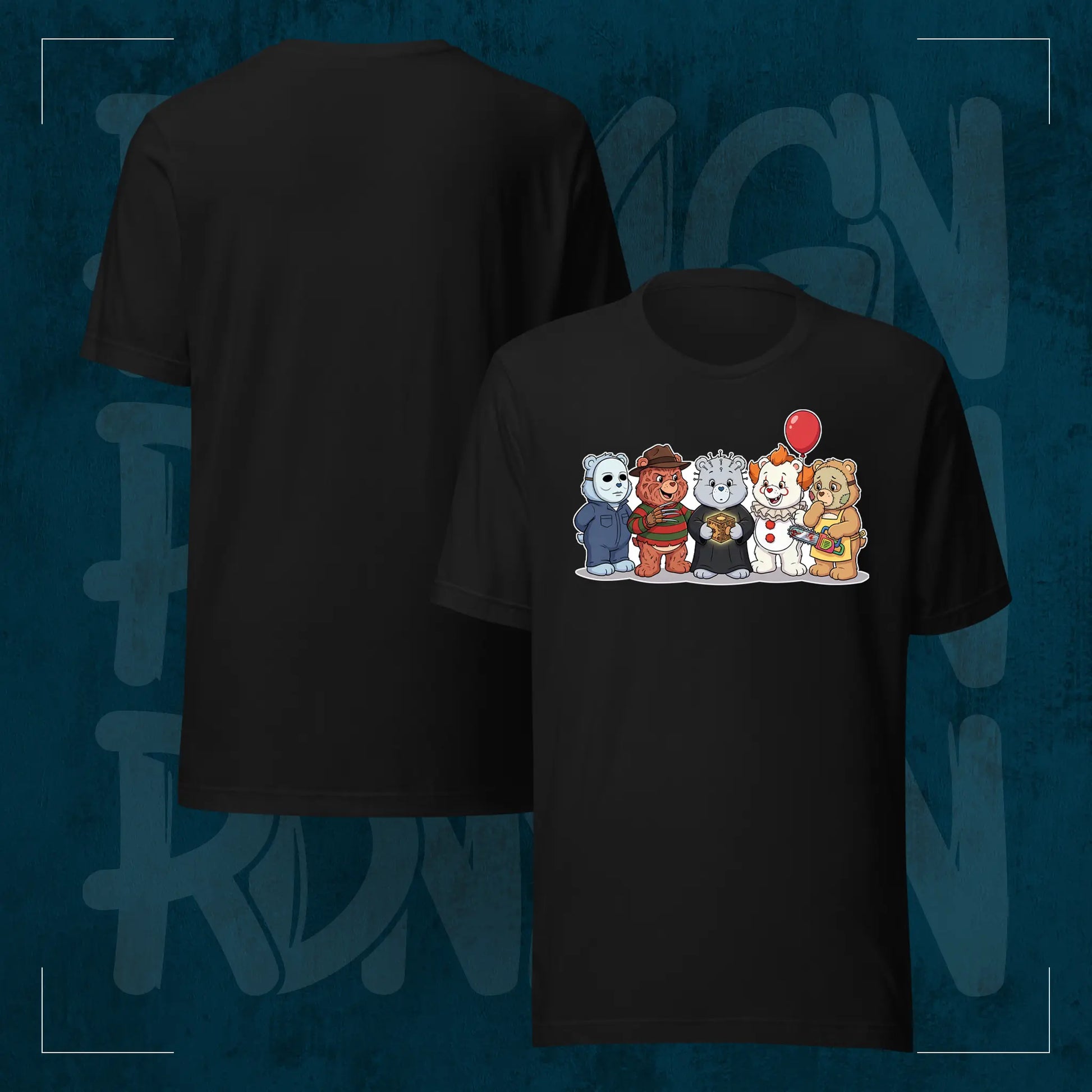 Schwarzes RodneyLogan Regular T-Shirt mit „Scare Bears“-Frontprint und schlichter Rückseite im Produktvergleich.