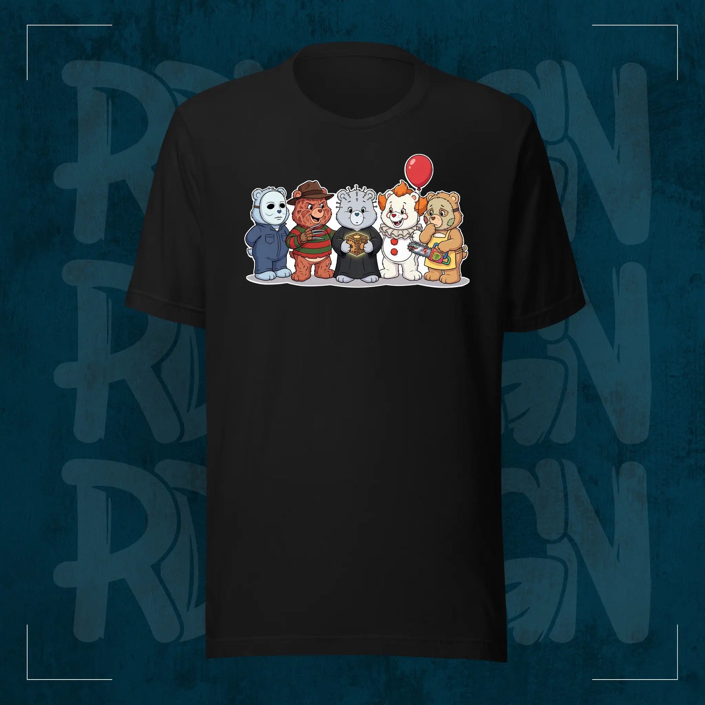 Schwarzes RodneyLogan Regular T-Shirt mit kleinem „Scare Bears“-Frontmotiv auf dunkelblauem Hintergrund.